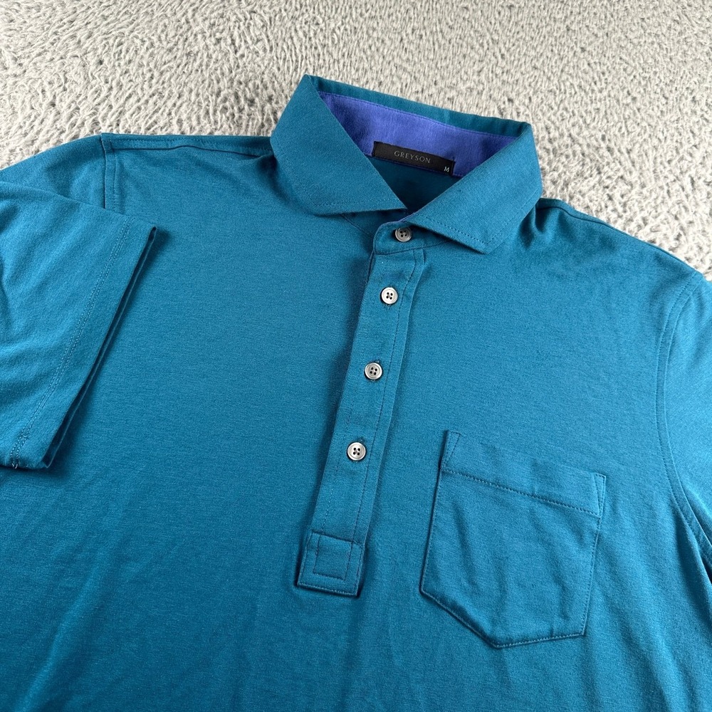 Greyson Men's Polo Shirt Medium Teal Blue Pima Cotton‎ Modal Pocket Stretch Soft